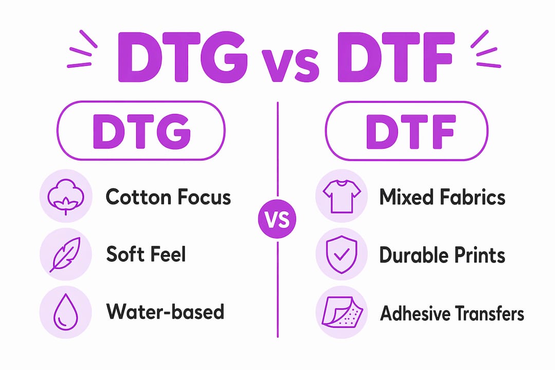 Infographic comparing DTG and DTF printing methods