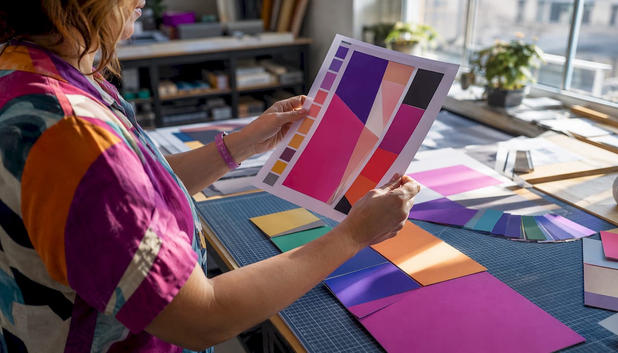 Hands holding hard print proof sample on print shop desk