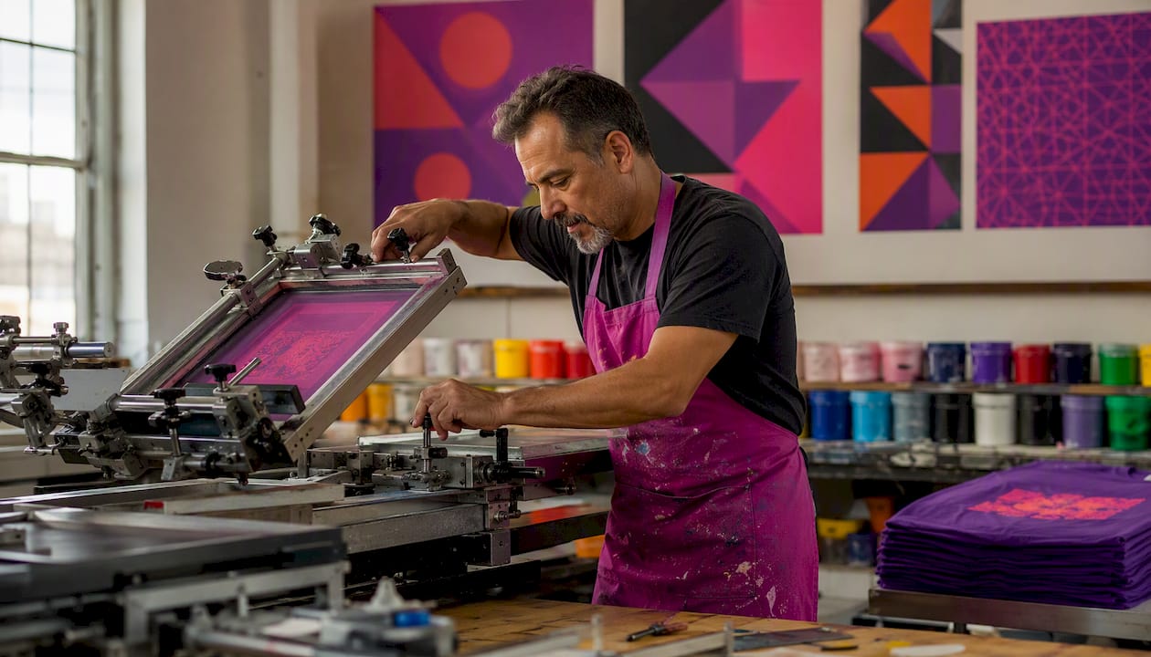 Technician operating screen printing machine in workshop