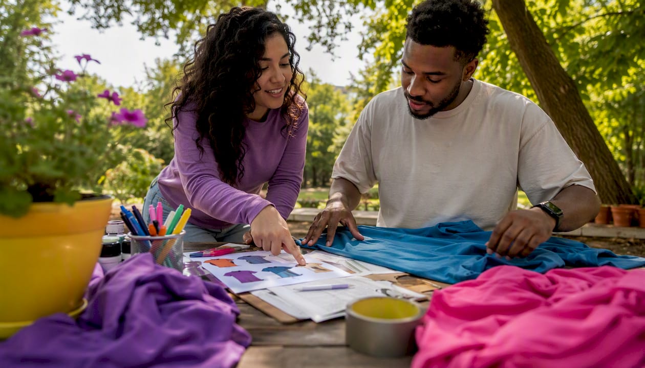 Diverse colleagues collaborating on group t-shirt order