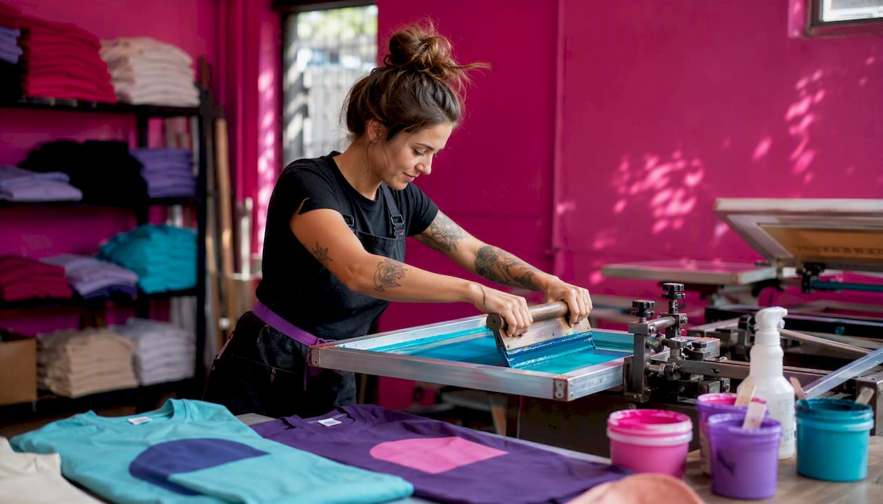 Hands operating local screen printing press