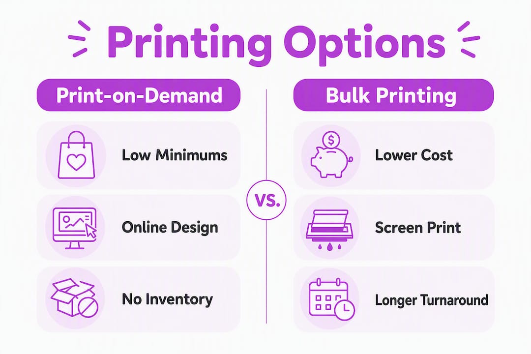 Infographic showing print-on-demand vs bulk printing