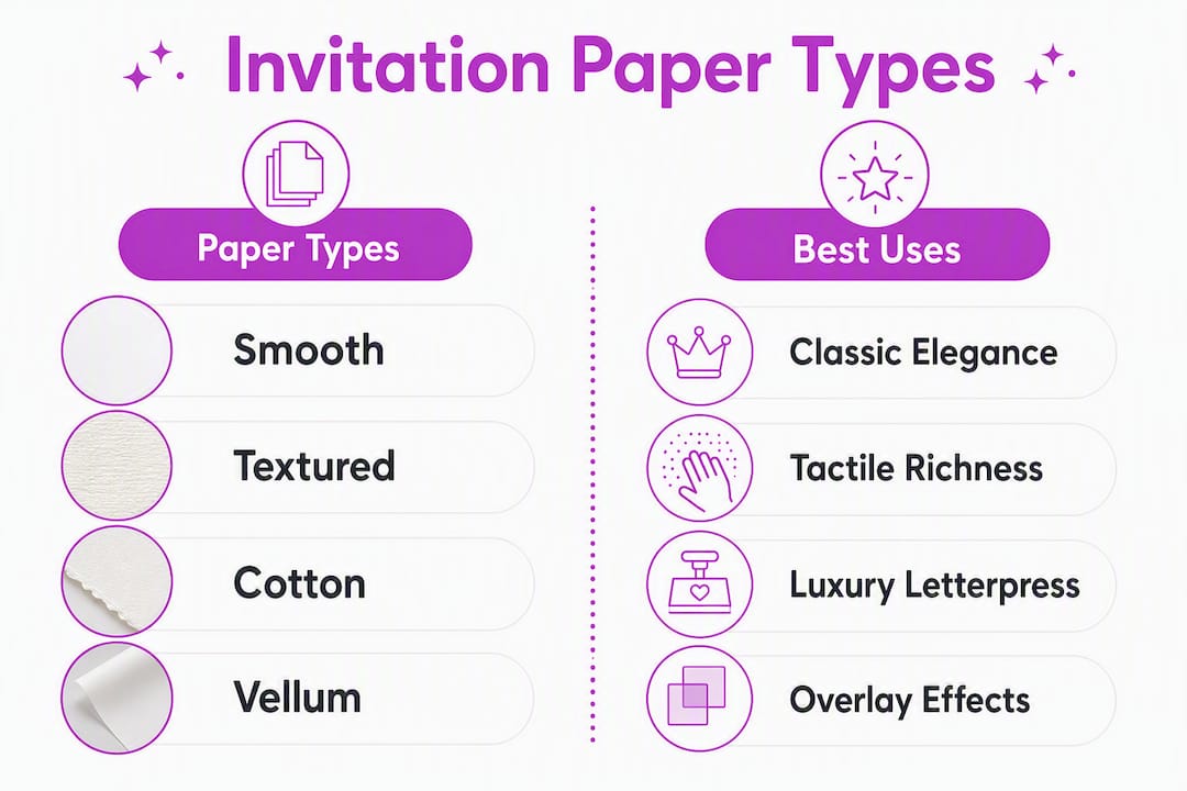 Infographic contrasting wedding invitation paper types and uses