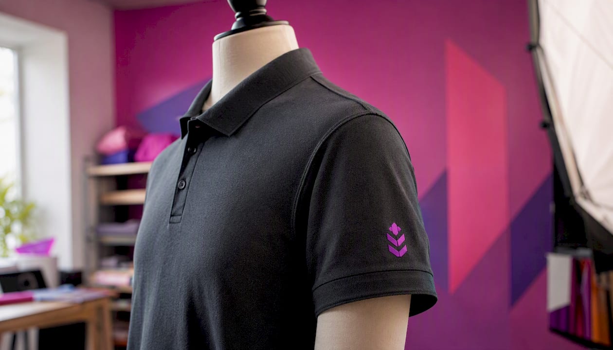 Close-up of polo sleeve with logo placement