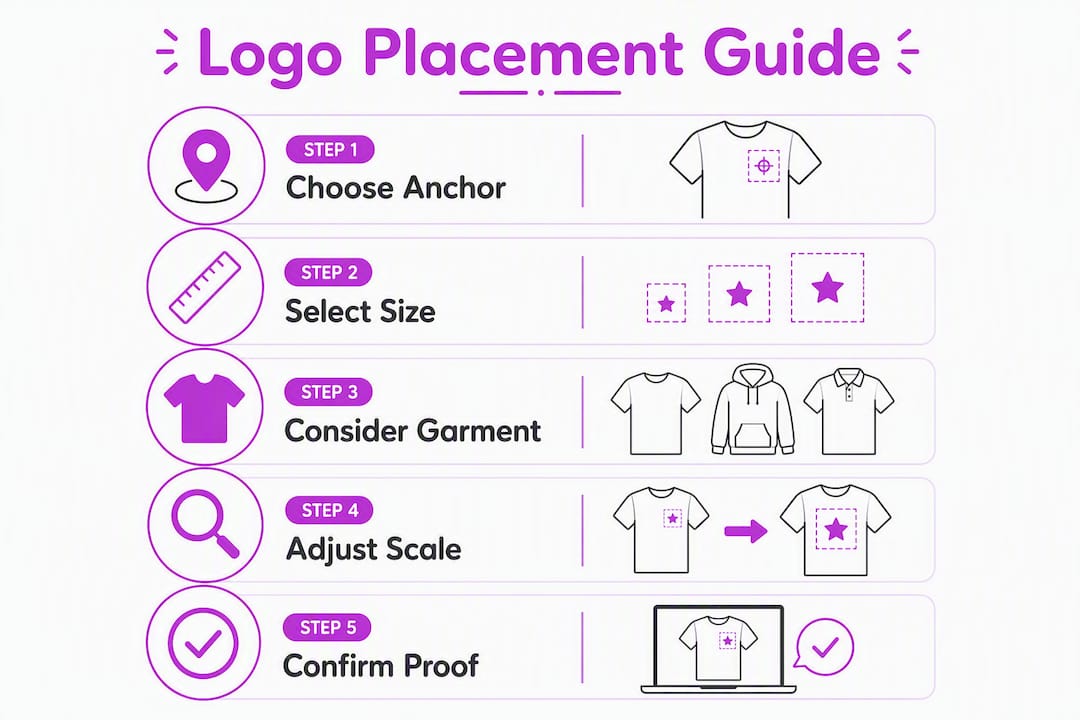 Infographic showing logo placement steps on shirts