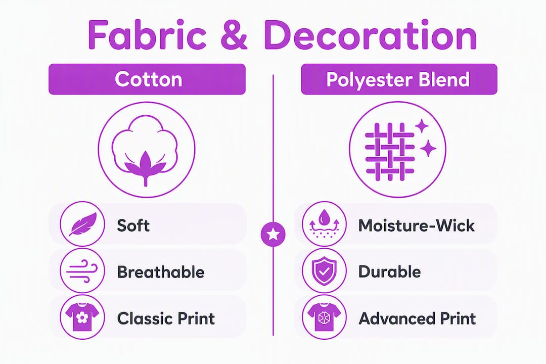 Infographic comparing cotton and polyester blend fabrics with decoration methods