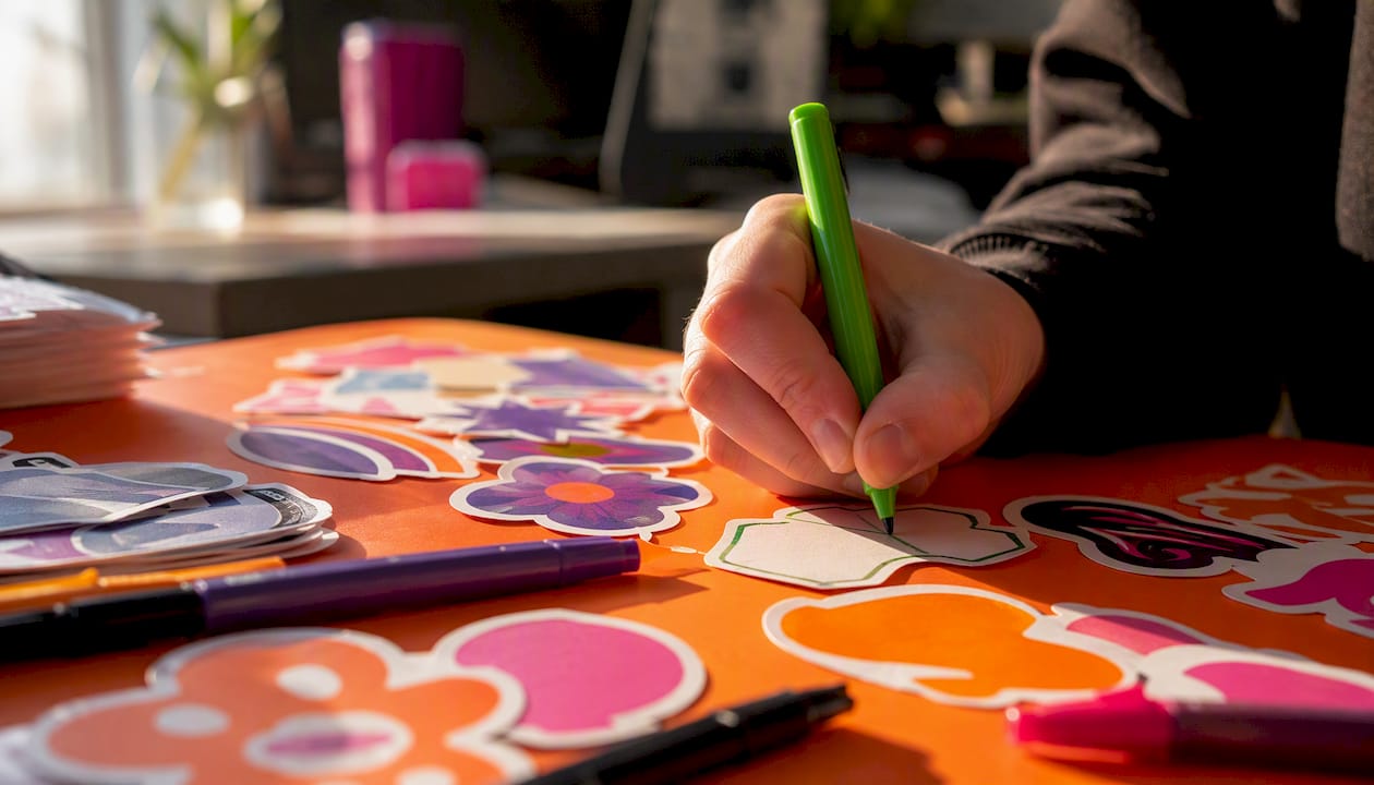 Hand writing on matte sticker with ballpoint pen