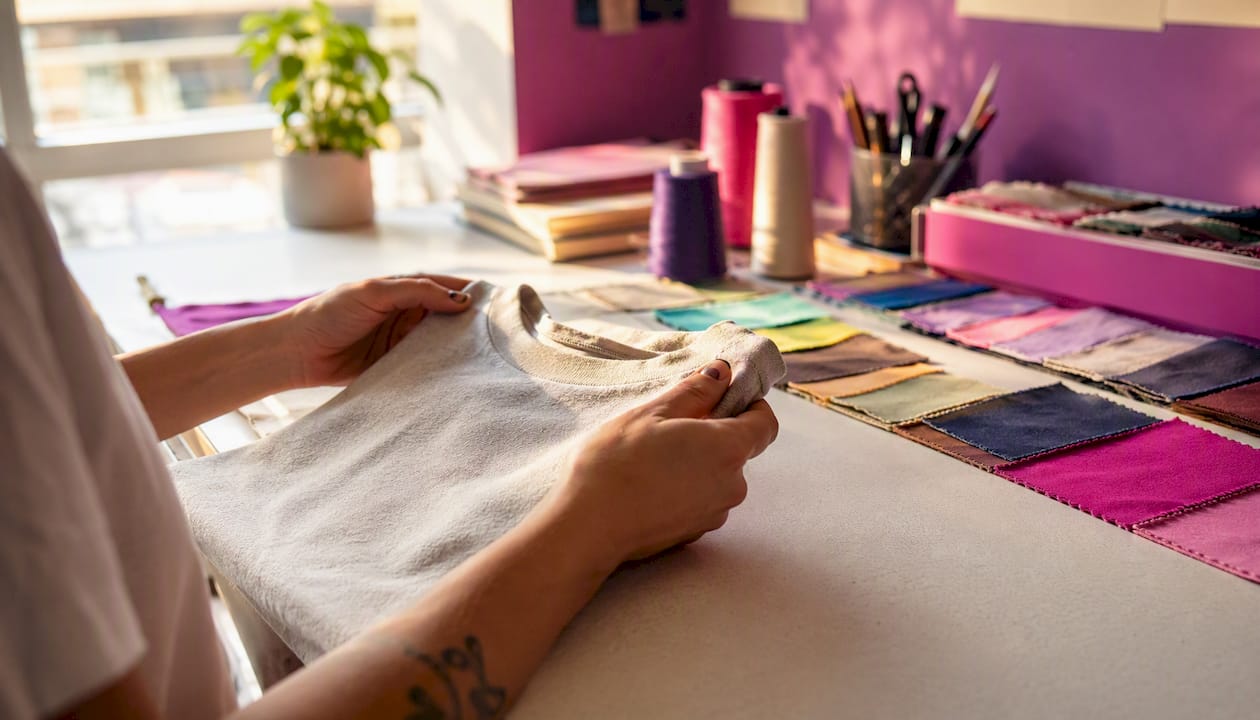 Hands inspecting a sample custom t-shirt