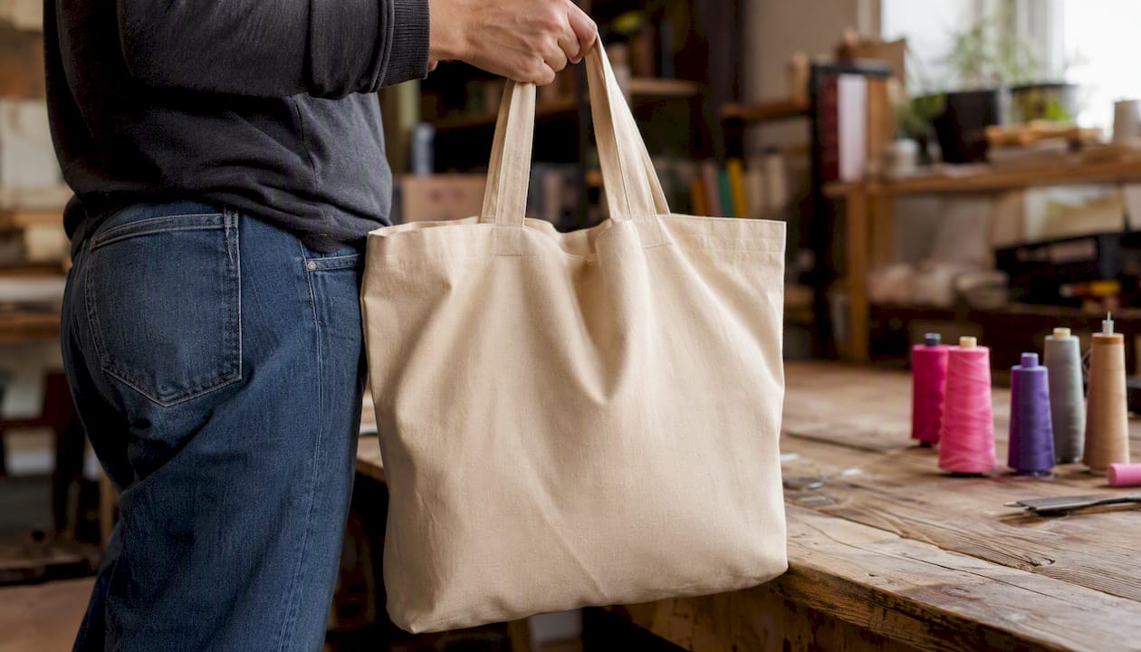 Hand holding simple typography tote bag