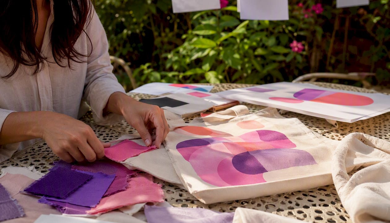 Hands arranging tote bag fabric samples on table