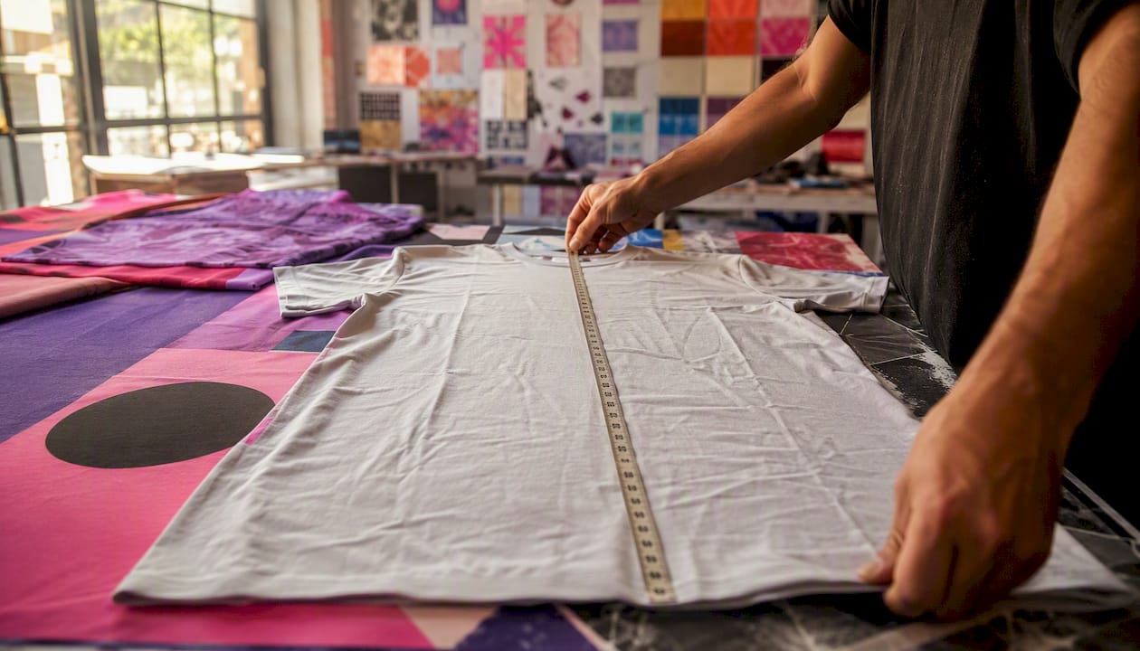 Hands measuring t-shirt chest and length