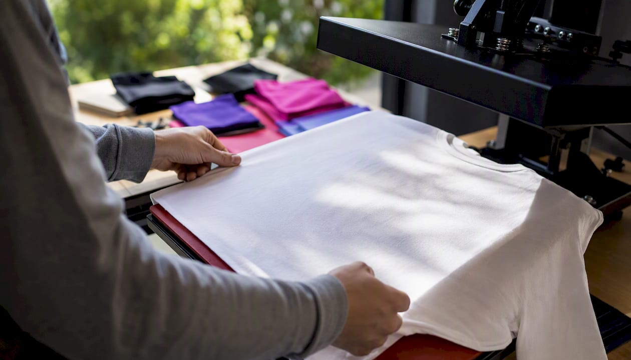 Hands aligning cotton T-shirt in heat press