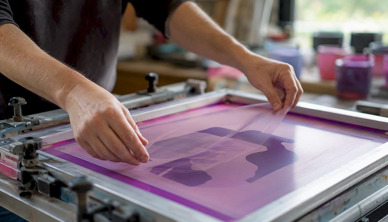 Hands aligning vector film for screen printing