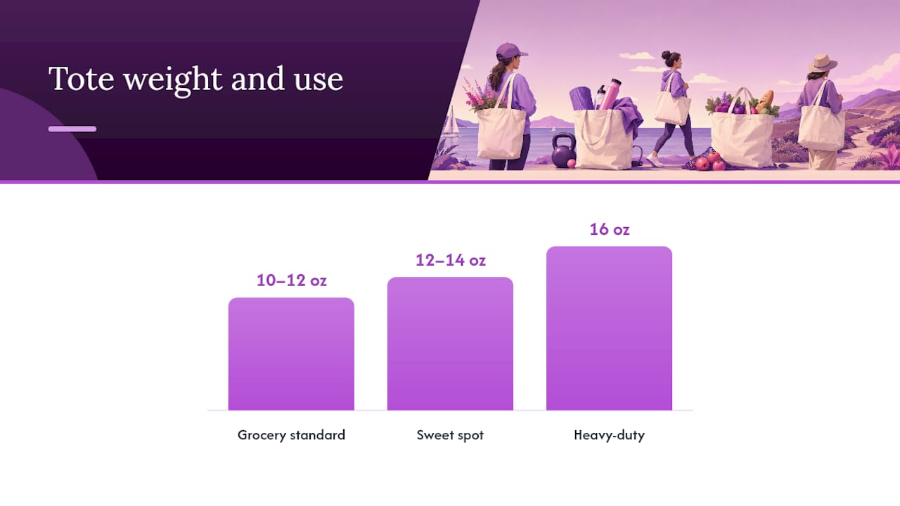 Diagram comparing cotton tote fabric weights in ounces and grams per square meter
