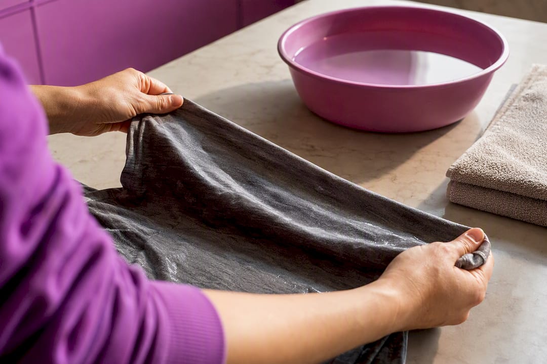 Hands reshaping damp cotton fabric