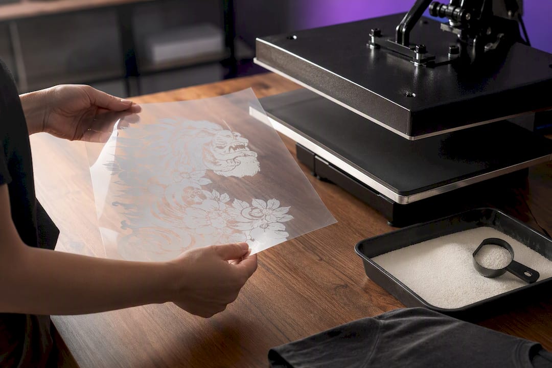 DTF film, powder, and heat press setup