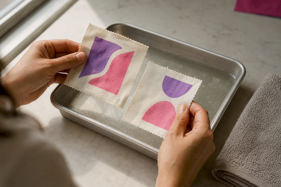 Hands checking washed printed fabric swatches