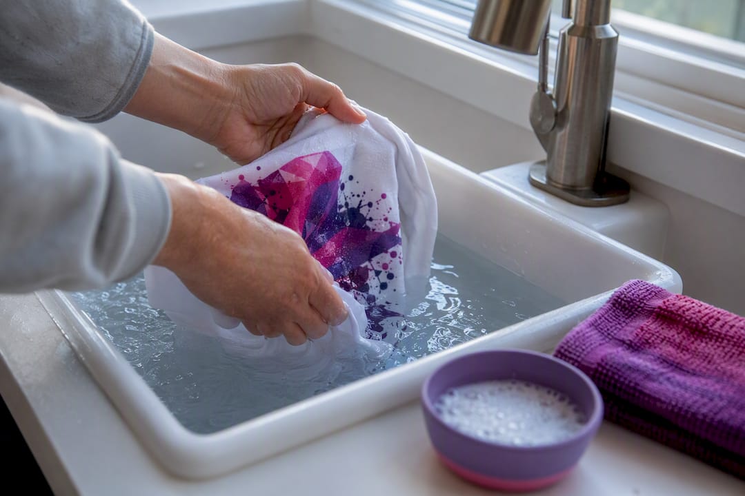 Hands gently rinsing printed cotton fabric