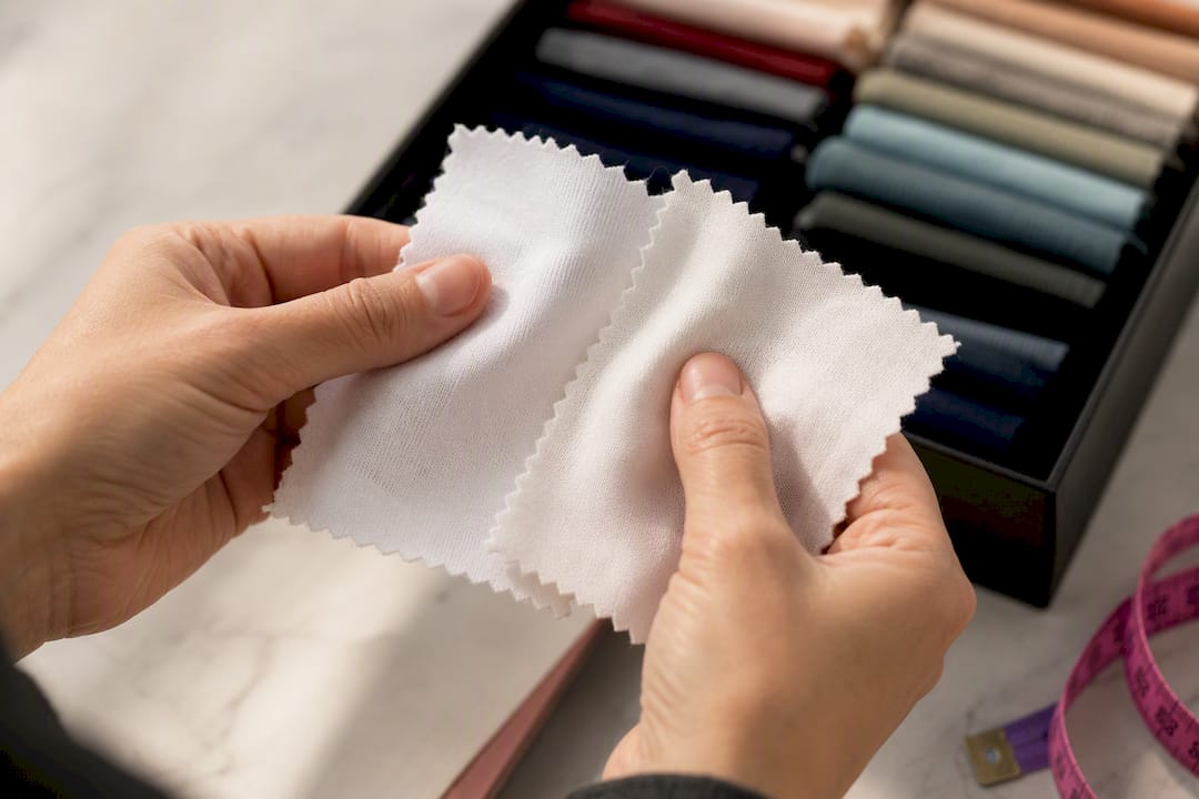 Hands comparing cotton fabric swatches