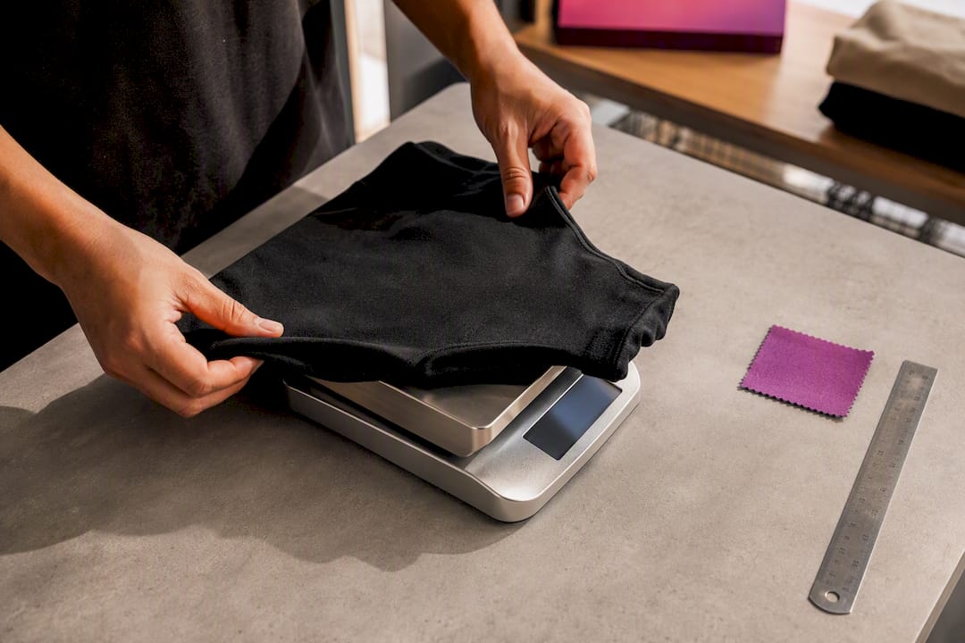 Garment sample being weighed on gram scale