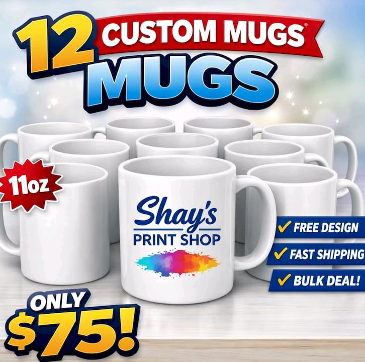 12 Custom 11oz Coffee Mugs for $75 | Personalized Logo Photo Party Event