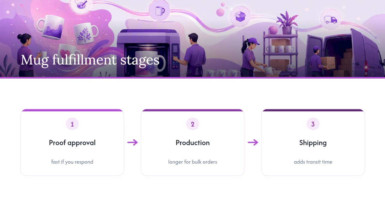Three-stage custom mug fulfillment timeline