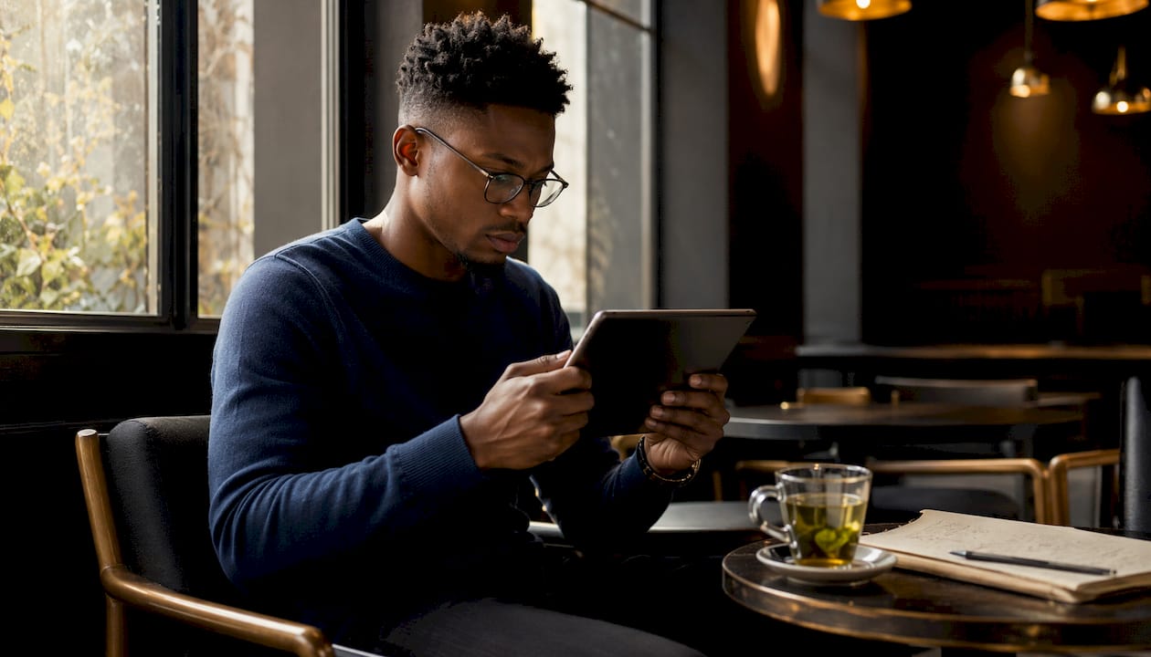 Man reviewing UGC content for authenticity at home office