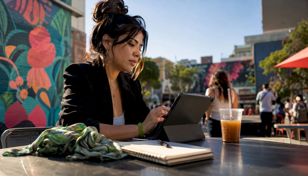 Woman editing visual social media ads outdoors