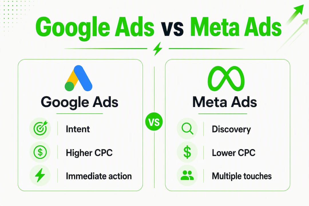Infographic comparing Google Ads and Meta Ads key differences