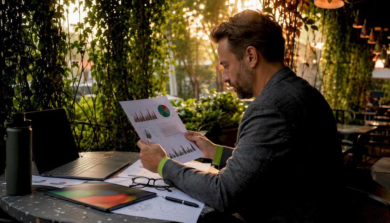Over-shoulder view of man reviewing marketing tool checklist