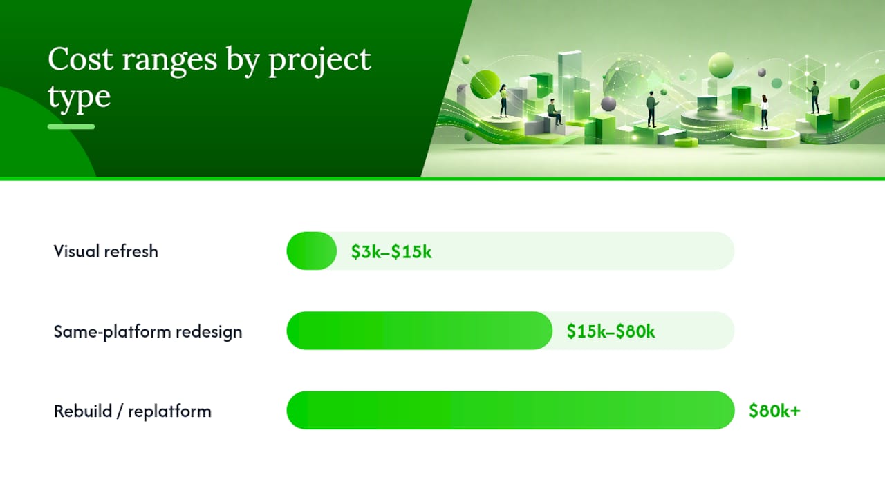 Diagram comparing website redesign cost ranges by project type