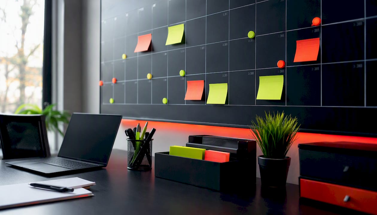 Colorful social media calendar grid on wall