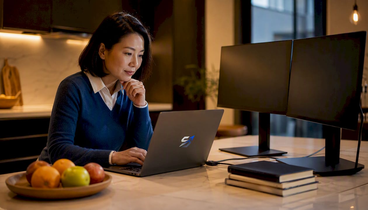 Woman contemplating copy trading limitations in home office