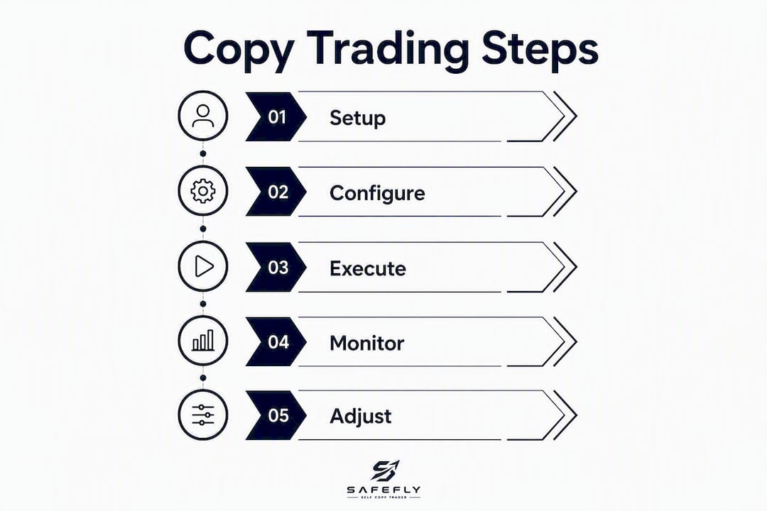 Infographic showing copy trading setup and process steps