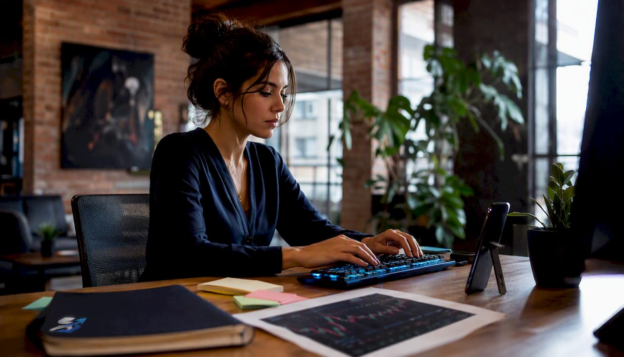 Trader typing commands in office