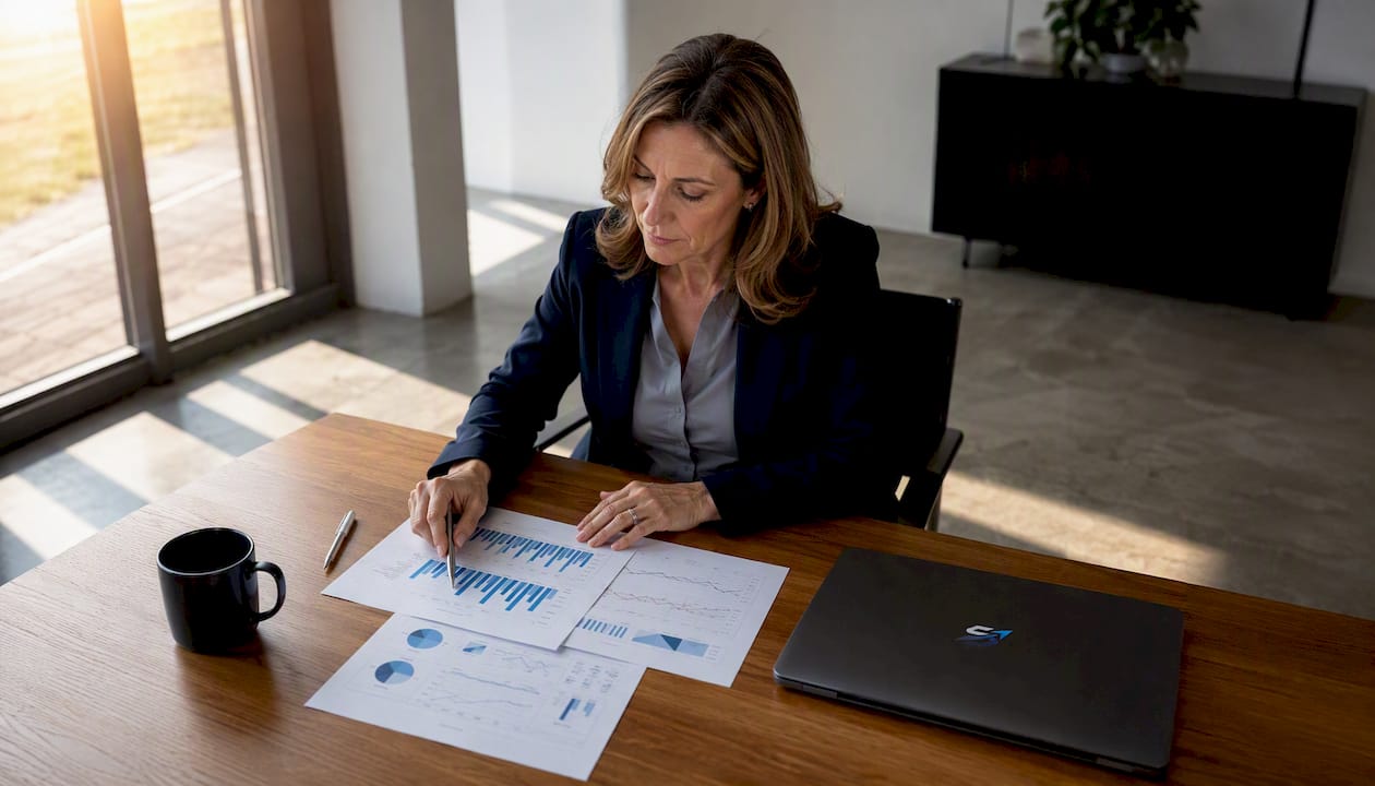Manager reviewing financial reports in meeting room