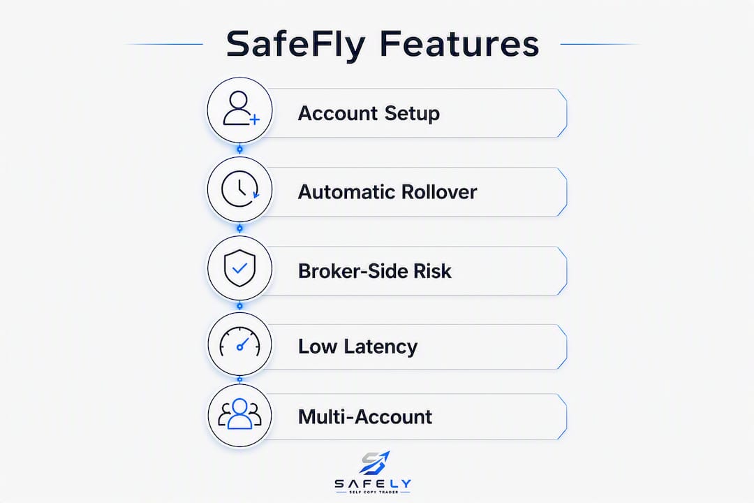 Infographic showing SafeFly futures copier features in flow layout