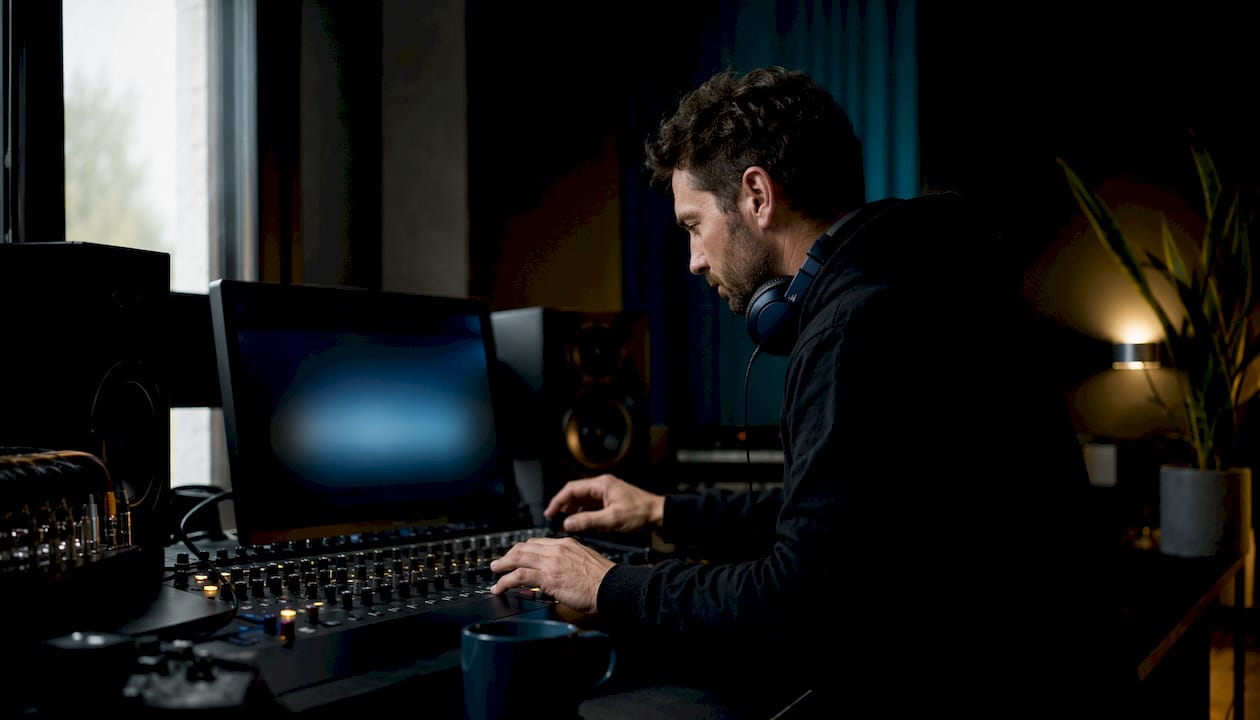 Audio engineer adjusting vocal isolation tool in studio