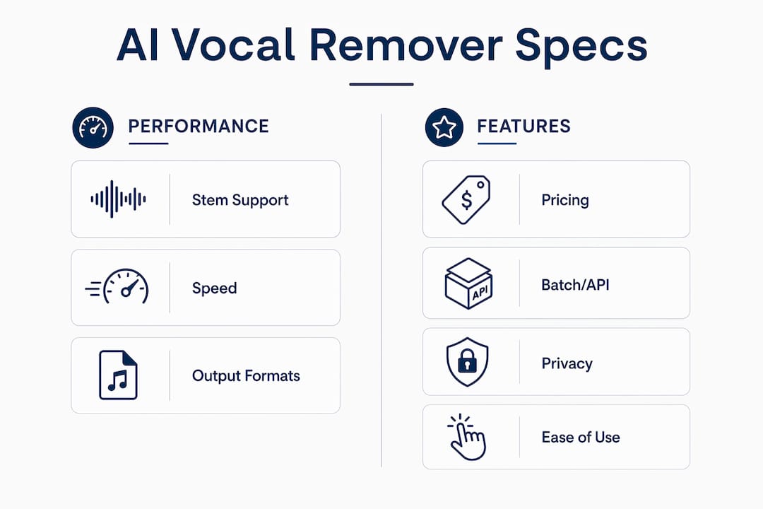 Infographic comparing AI vocal remover tools on specs and features