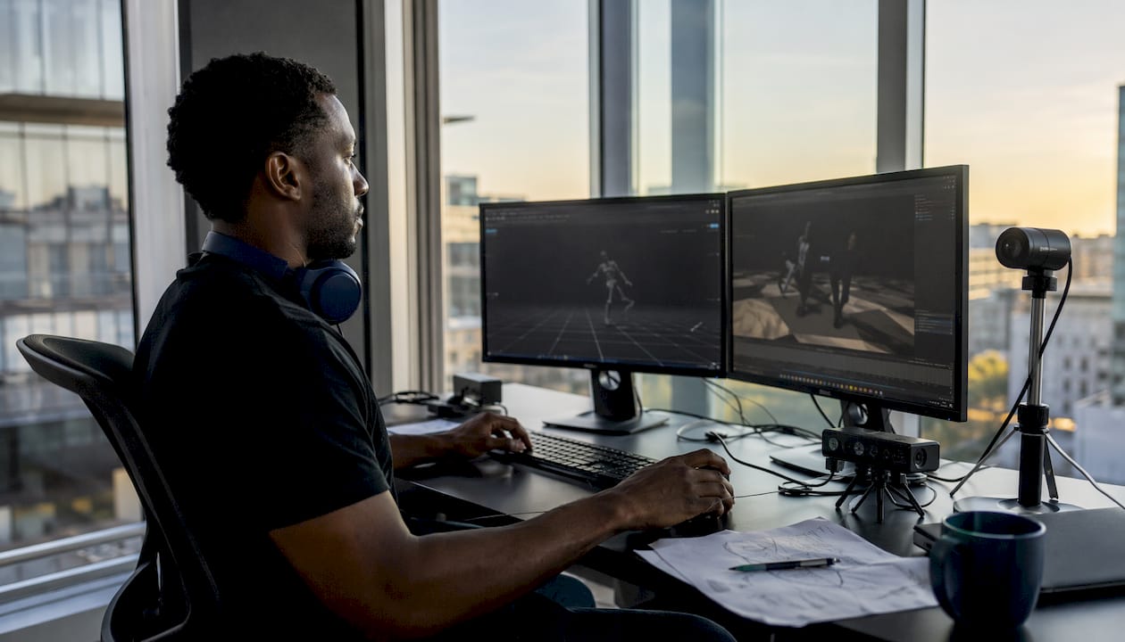 Man using AI motion realism tools in studio
