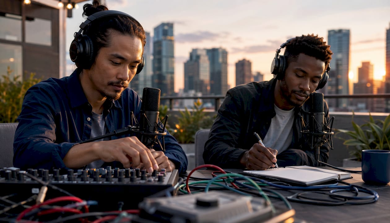 Two engineers managing remote podcast recording