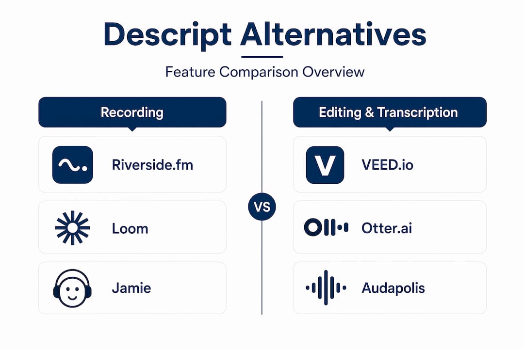 Infographic comparing Descript alternatives by features