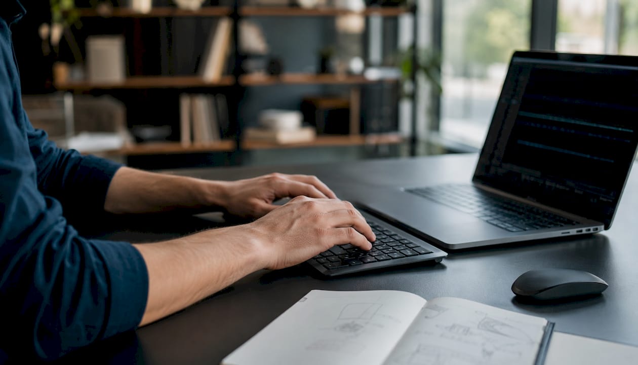 Hands typing on keyboard editing audio text