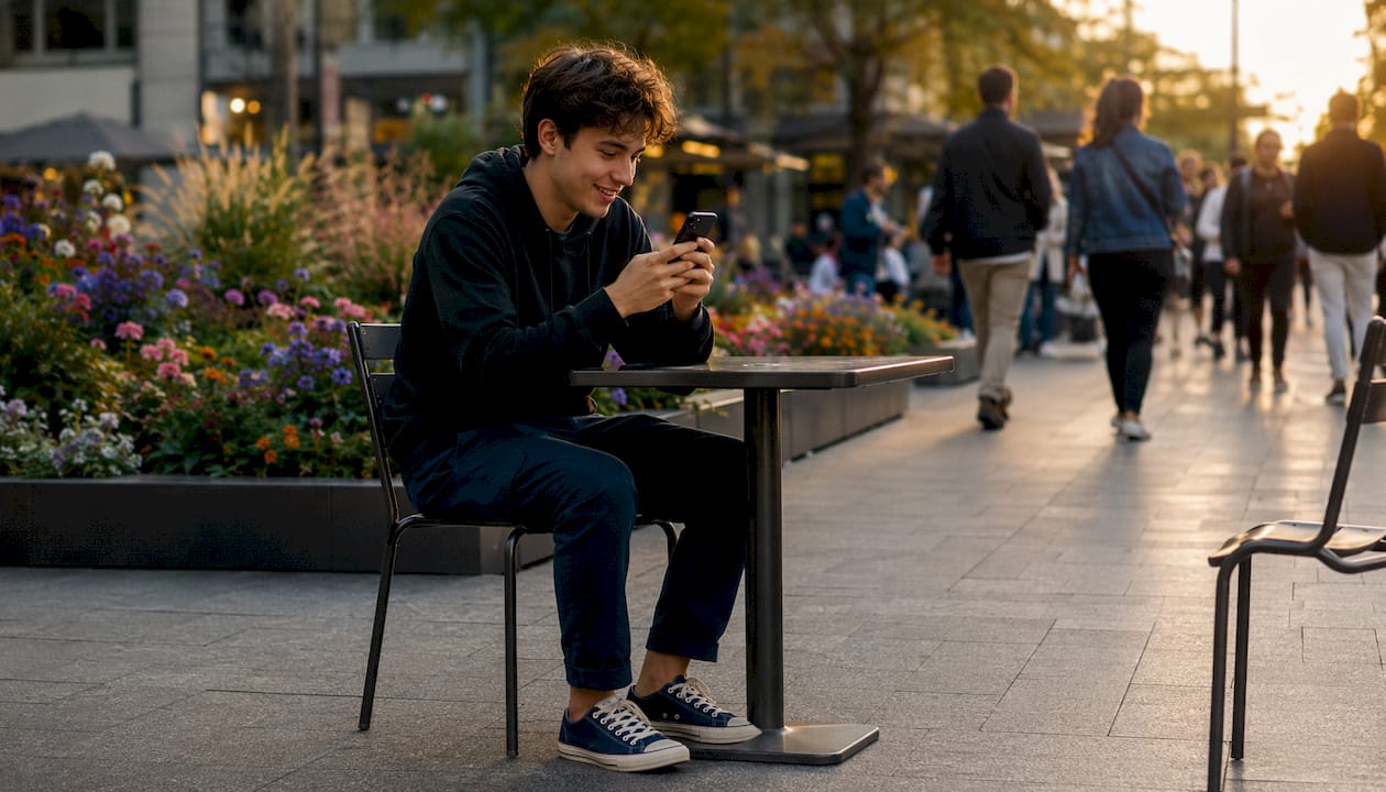 Person editing video on smartphone outdoors