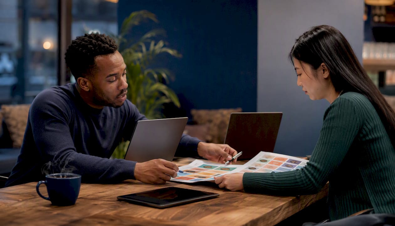 Collaborative creators reviewing voice options