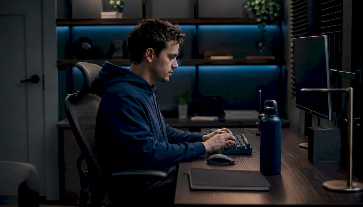 Hands typing in server room setting