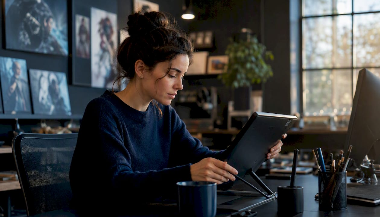 Hands editing avatar video on drawing tablet overhead view