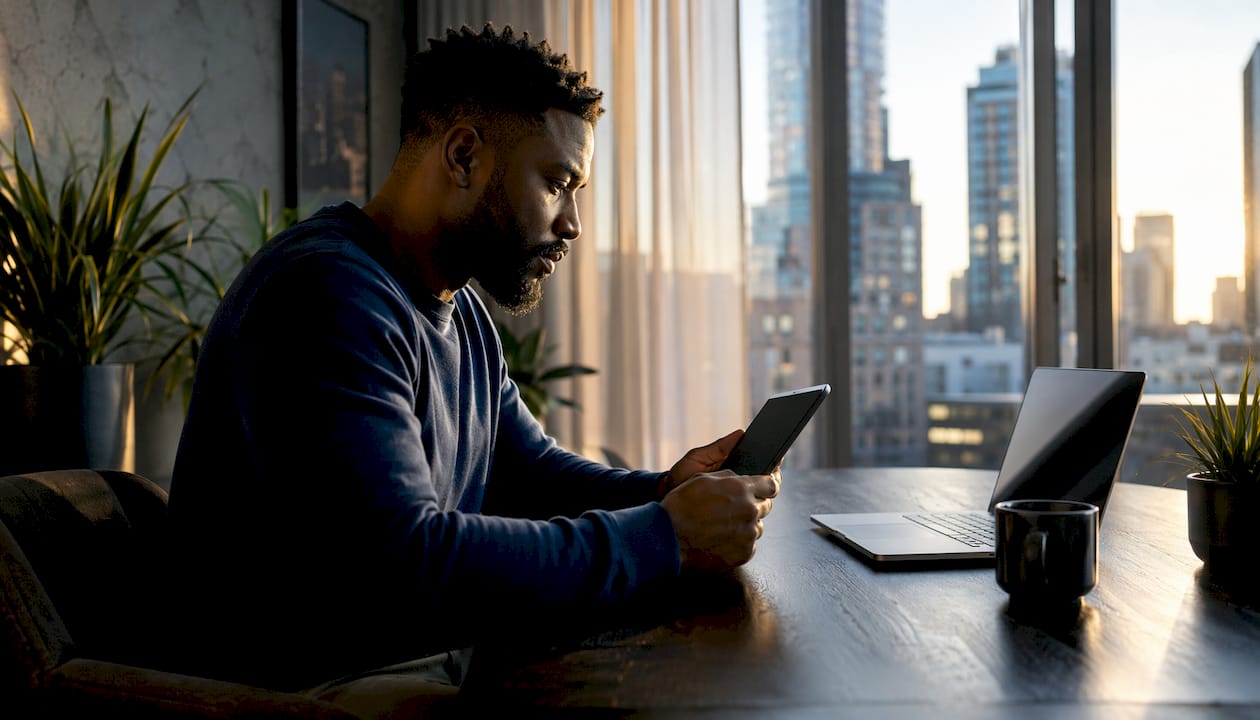 Man selecting between free AI video editors at desk