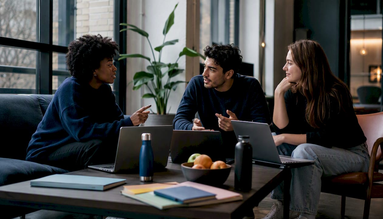 Team discussing AI video upscaling laptops in café