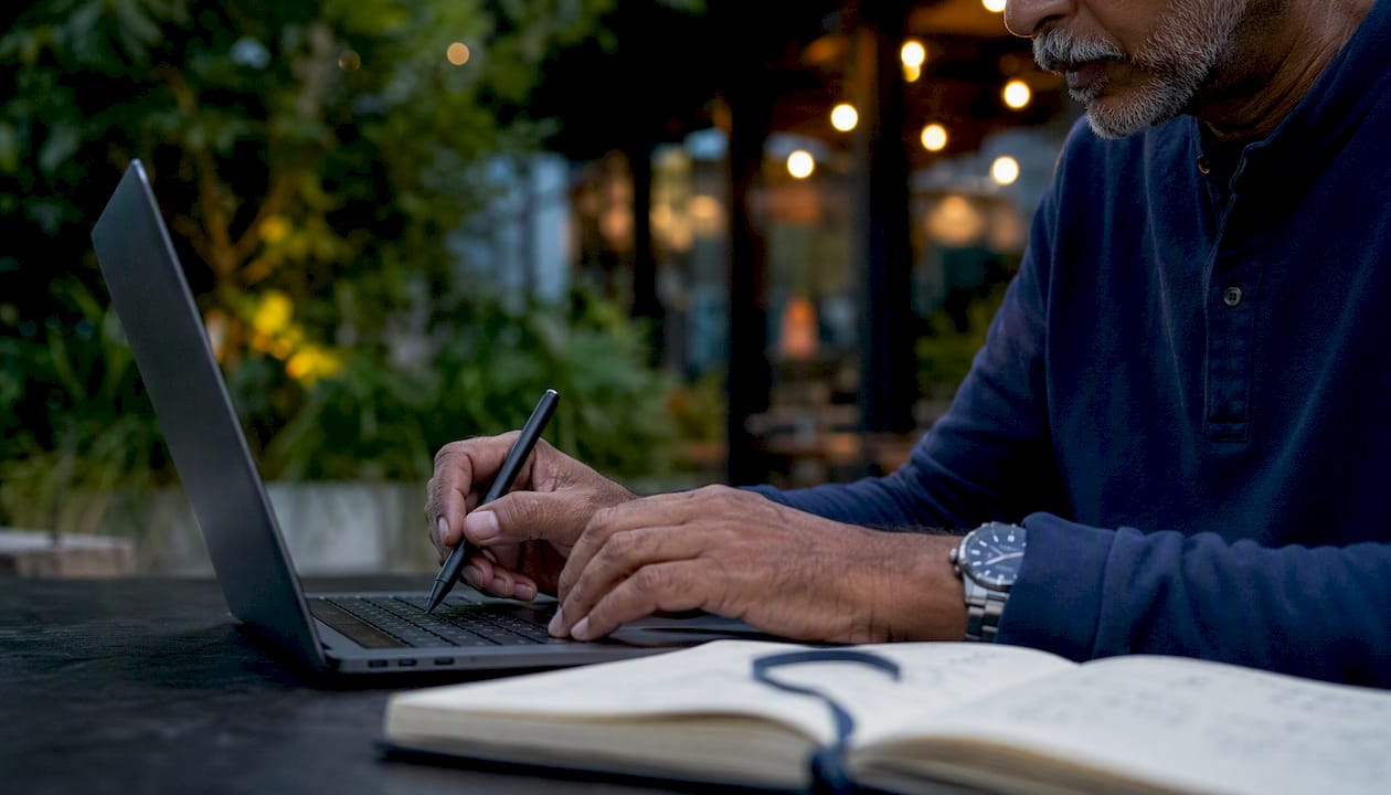 Hands typing on laptop for video editing